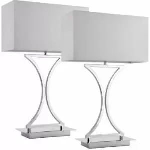 2 pack Modern Table Lamp Light Chrome Metal & White Shade Square Desk Sideboard