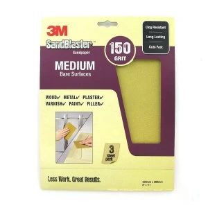 3M Sandblaster Medium 150 Grit Sandpaper - Pack of 3 Multi Surface Sheets