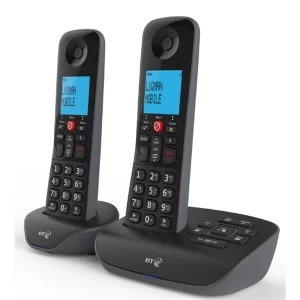 BT Essential Cordless Telephone Backlit Display Speaker Answering Machine Nuisance Call blocking Black Twin Pack