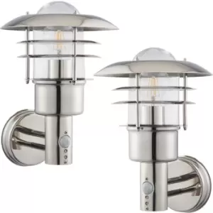 2 PACK IP44 Outdoor Wall Lamp Stainless Steel Caged Glass PIR Lantern Over Light