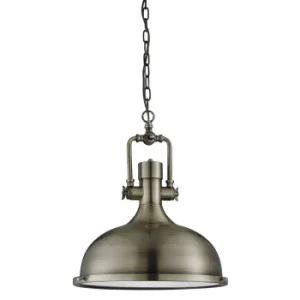 Industrial 1 Light Dome Ceiling Pendant Antique Brass with Glass Diffuser, E27