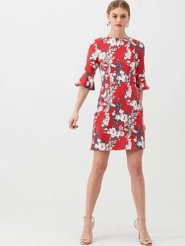 Oasis Florence Floral Flute Sleeve Shift Dress, Multi Red, Size 16, Women