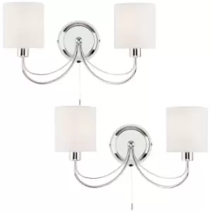 2 PACK Dimmable Twin Wall Light Chrome & White Shade Curved Arm Lamp Fitting