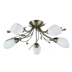 Gardenia 5 Light Semi Flush Multi Arm Ceiling Light Antique Brass, Crystal and Opal Glass, E14