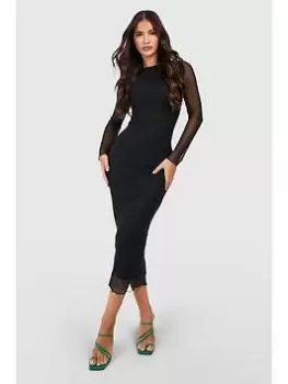 Boohoo Mesh Long Sleeve Midaxi Dress - Black, Size 14, Women