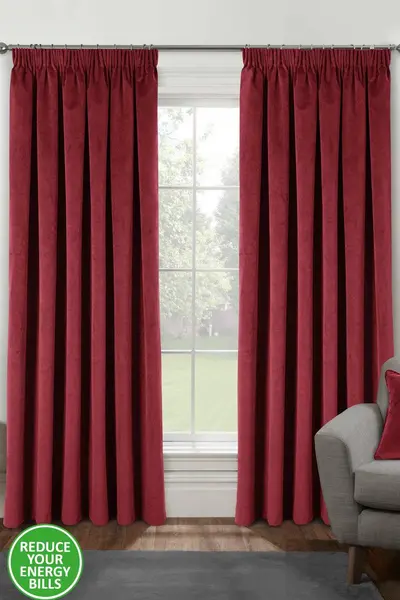 Enhanced Living Velvet, Supersoft, 100% Blackout, Thermal Pair of Curtains with Tape Top Red