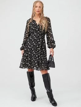 Wallis Ditzy Dobby Floral Fit & Flare Dress - Black, Size 12, Women