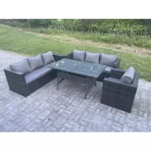 Fimous - Outdoor Lounge Sofa Garden Furniture Set Rattan Rectangular Dining Table Patio Chair 7 Seater Dark Grey Mixed