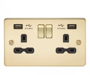 5 PACK - Flat plate 13A 2G switched socket with dual USB charger (2.4A) - polished brass with Black insert