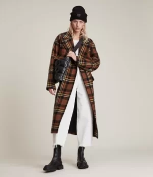 AllSaints Womens Bree Check Wool Blend Coat, Brown/Black, Size: 14
